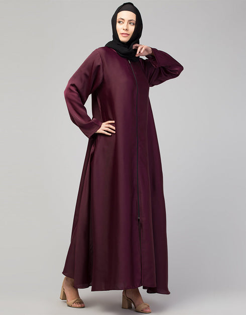 Chic Front-Open Zip Abaya for Daily Wear In the Shade Of Wine